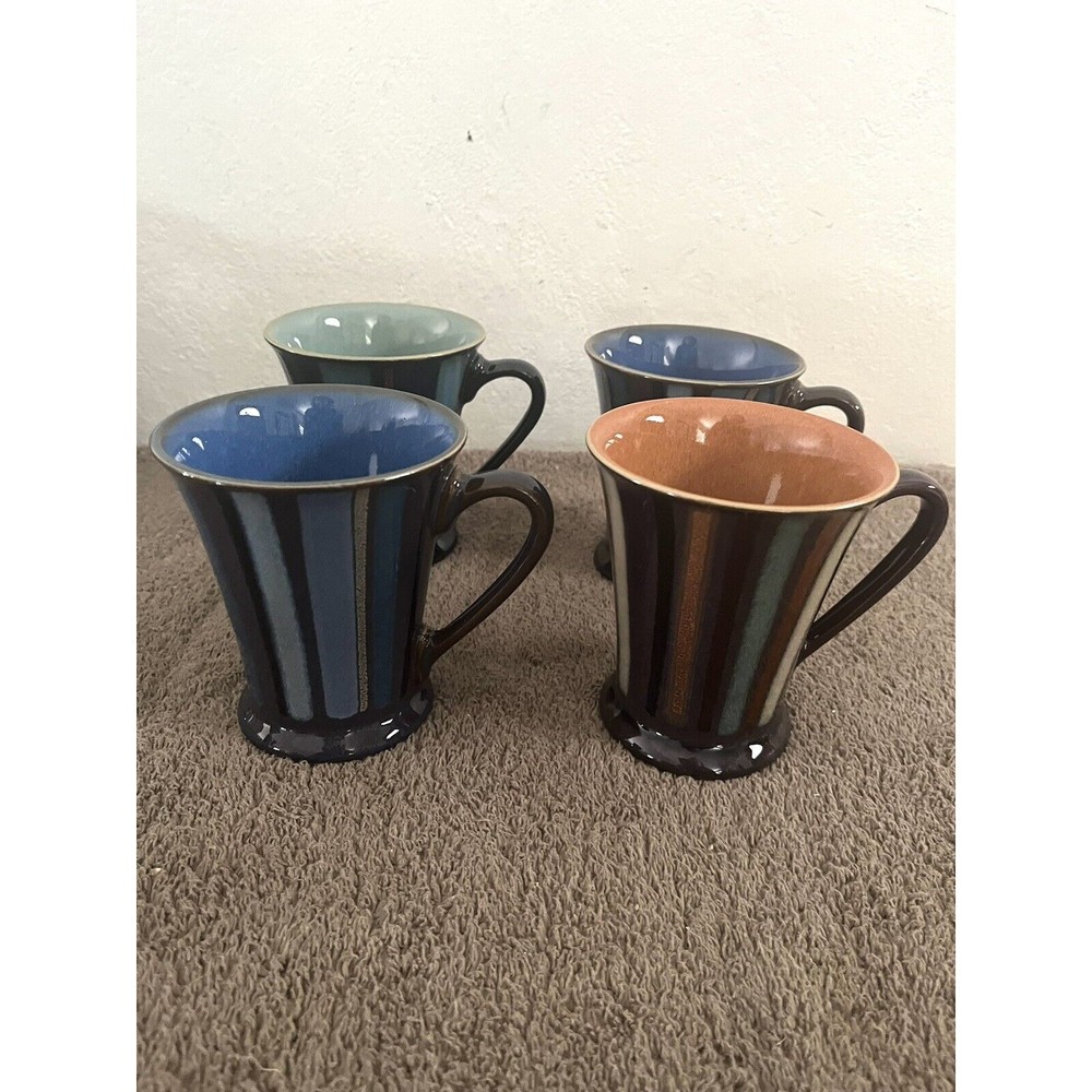 4 Denby Gatsby Stripe Mug Ceramic Flare Rim Blue Green Made England 9 OZ Vintage